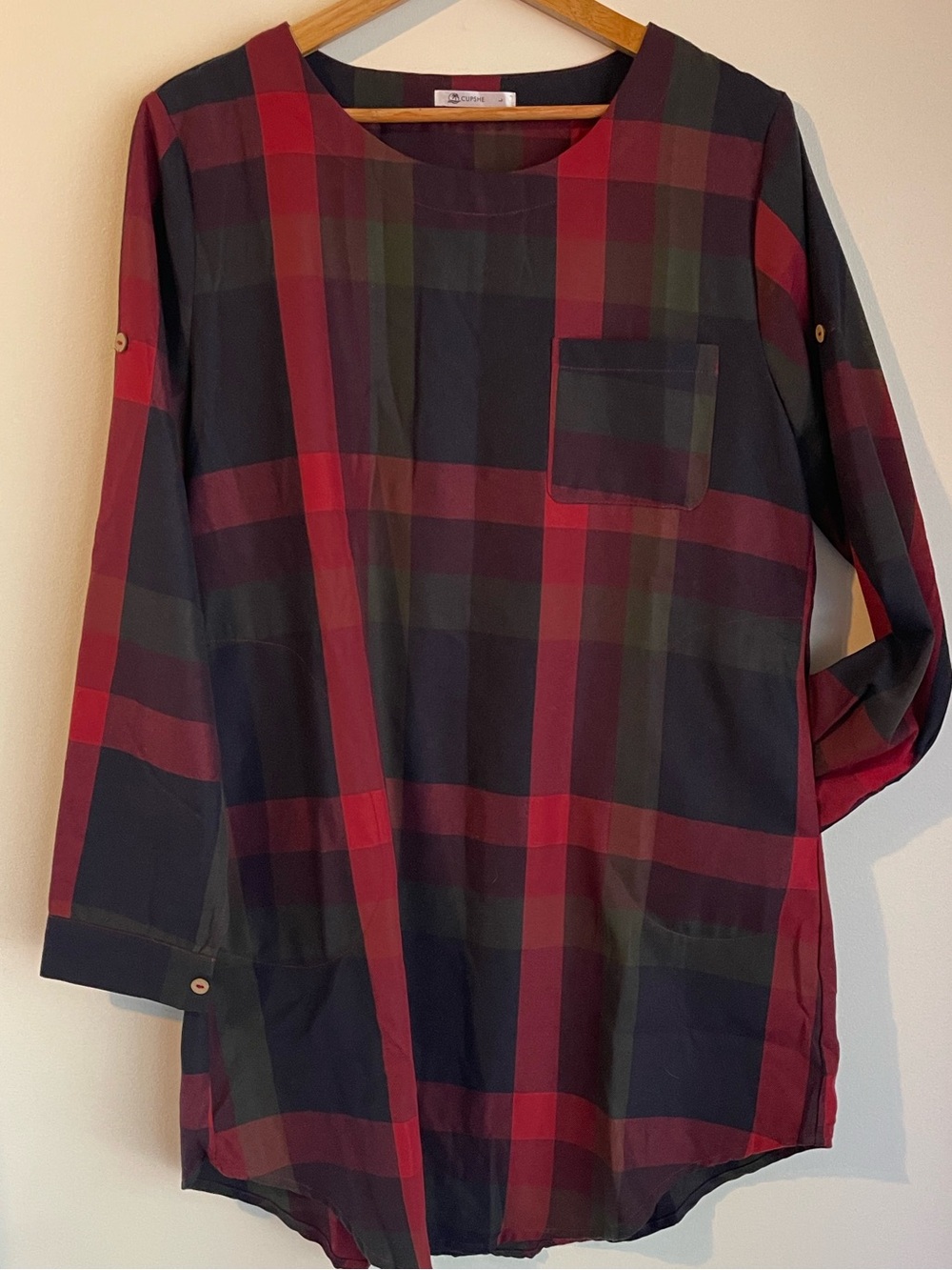 Cupshe Red Green Plaid Tunic Shirt Dress Large Roll Tab Sleeve Pockets